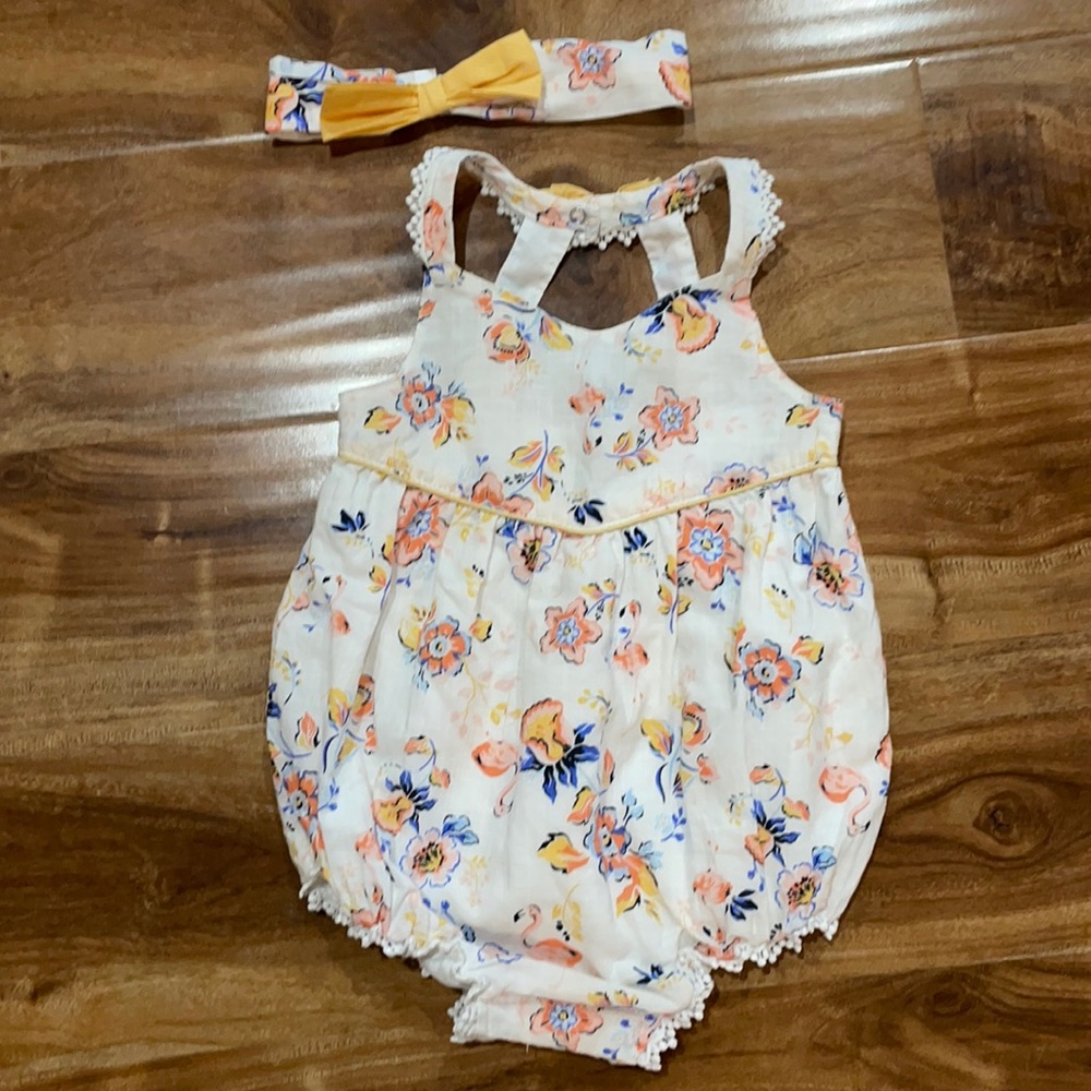Shabby chic girls baby bubble romper w/ headband size 18 months